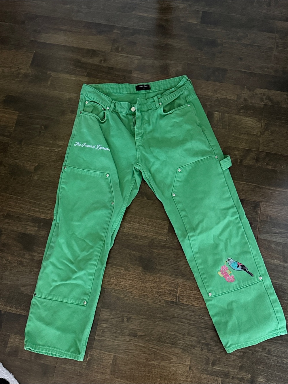 Mechali Green Embroidered Carpenter Pants with Bird Detail